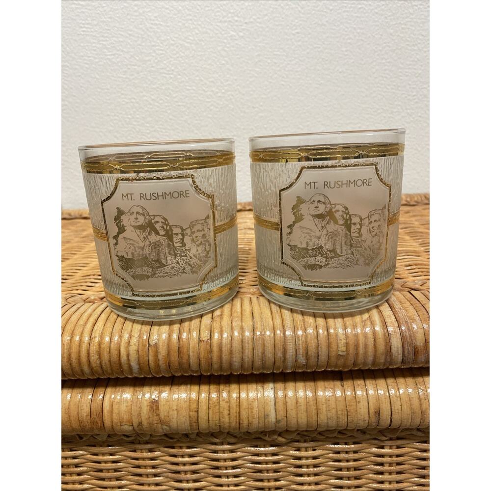 Vintage Mt. RUSHMORE Low Ball Bar Glasses by Culver Glassware 22k Gold USA